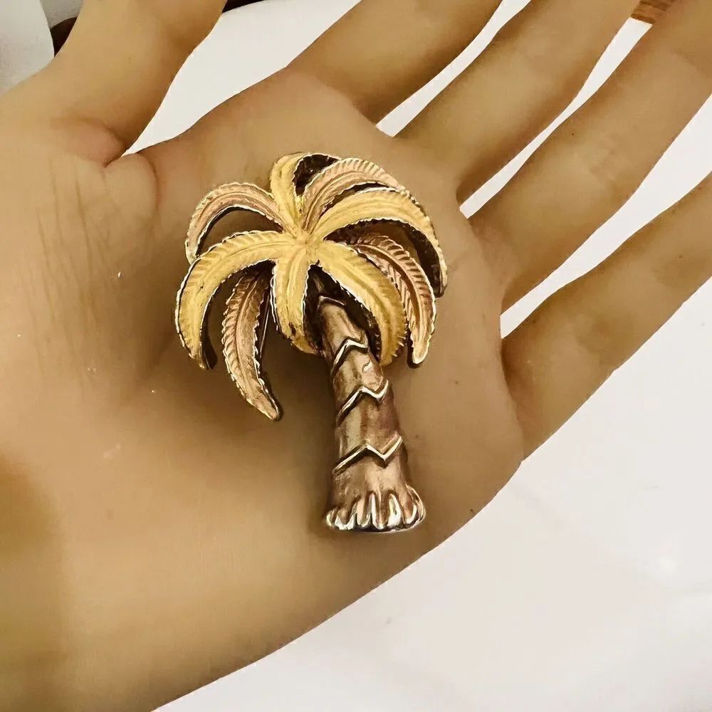 Vintage Textured Gold Tone Enamel Tropical Palm Tree Pin Brooch 1452 - Picture 4 of 9